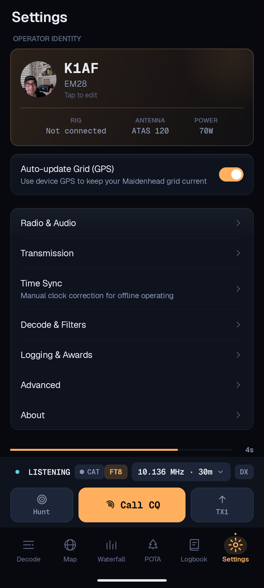 FT8AF Settings tab: an operator-identity card for K1AF in grid EM28 with a QRZ profile photo, antenna (ATAS 120) and power (70 W), a GPS auto-grid toggle, and drill-down categories for Radio & Audio, Transmission, Time Sync, Decode & Filters, Logging & Awards, Advanced and About.